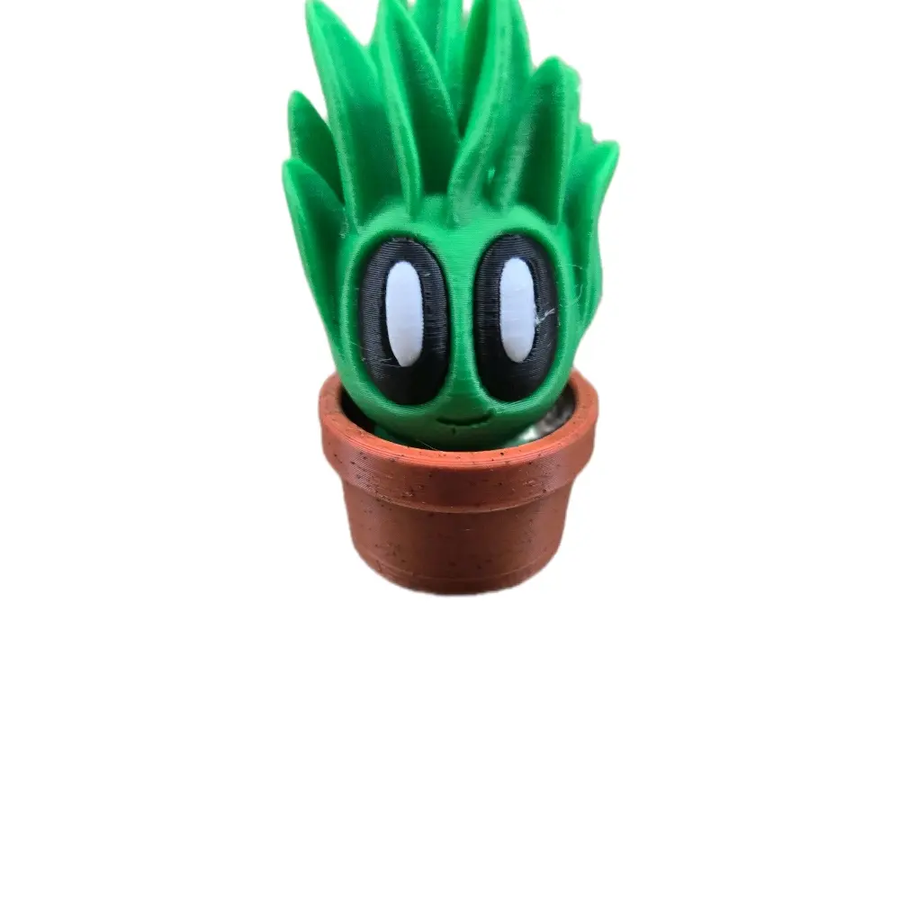 Spike the 3D Printed Plant Figurine - Green Character with Black Eyes, Set in Brown Pot