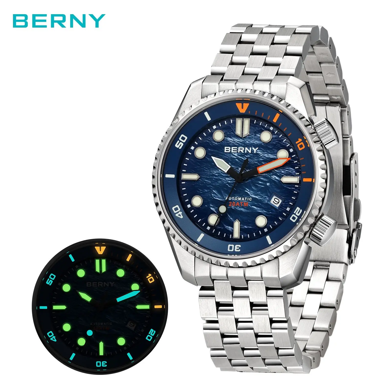 BERNY Automatic Diver Watch for Men - 42mm Dive Watch, 200M Waterproof, Japanese Mechanical Movement, Sapphire Crystal, 316L Stainless Steel Bracelet, Super Luminous, Dual Screw-Down Crowns, Textured Dial, Modern Style Timepiece, Summer Style