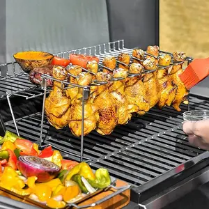 Stainless Steel BBQ Grill Rack with 14 Slots, Home Use Chicken Leg Grilling Stand, Durable Barbecue Tool for Meat Cooking, Barbecue Accessories