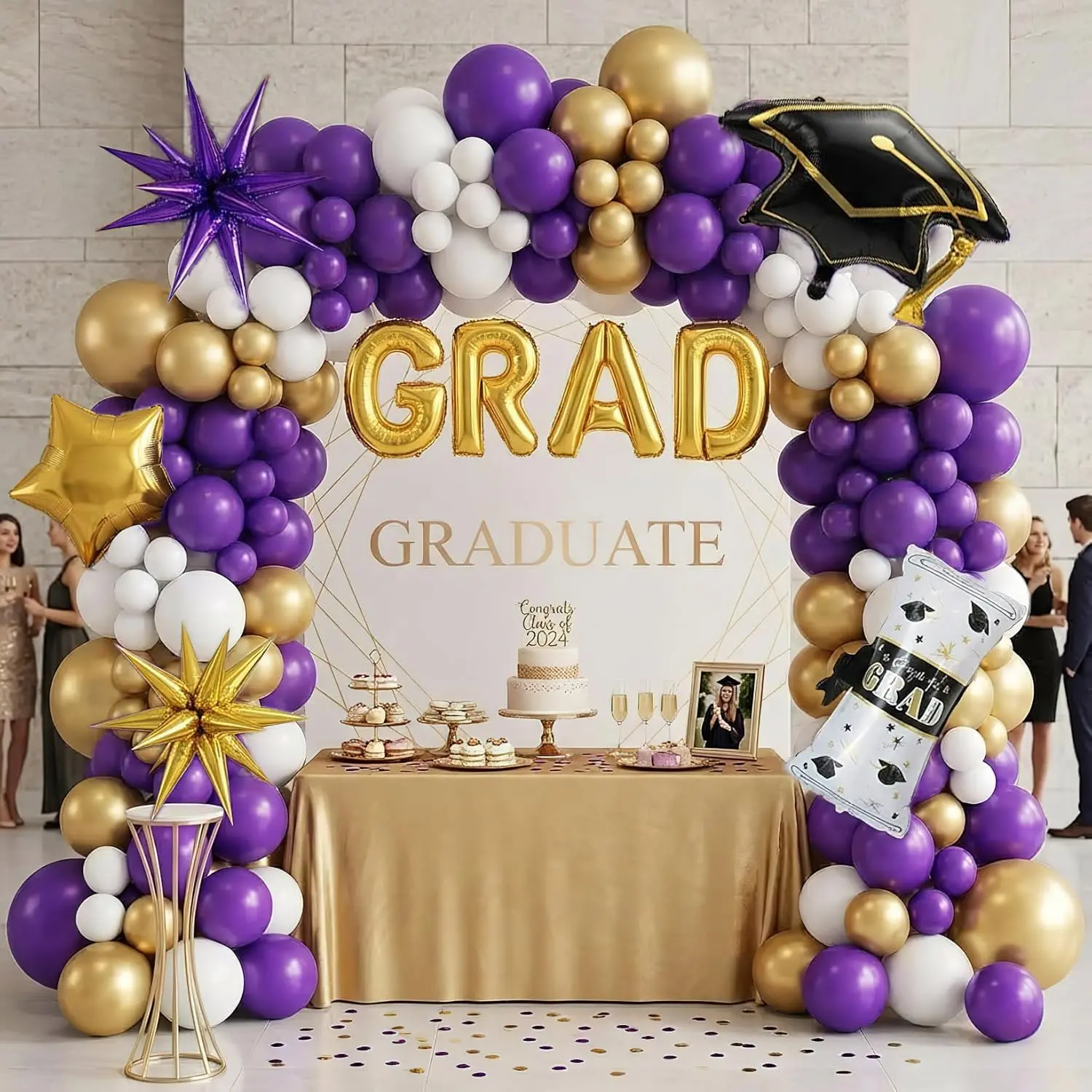 Graduation Decorations Class of 2026,Purple and Gold Balloon Garland Arch Kit with Explosive Star Foil GRAD Letter Balloons, Graduation Cap & Diploma Foil