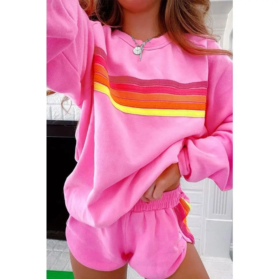 Bonbon Colorful Striped Long Sleeve Pullover and Shorts Set