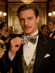 Luxurious Satin Dollar Print Bow Tie, Handmade Silk Texture, Perfect Shape, Adjustable Strap, Ideal for Gatsby Parties & Formal Events