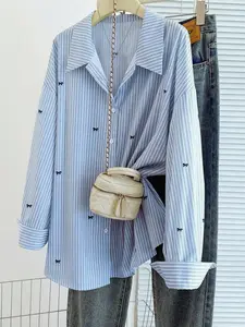 Plus Size Women Striped Shirt, Fresh Blue Stripes Bow, Loose Fit, Long Sleeve, Casual Style, Fall & Winter Fashion