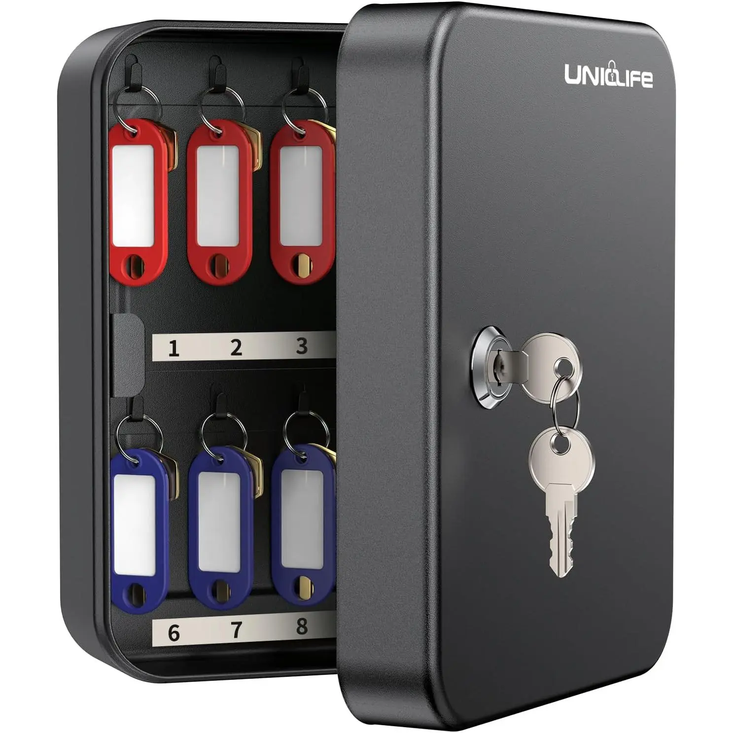 20 Position Key Cabinet with Key Lock Wall Mounted Black Security Storage Box Steel Key Organizer with Colorful Key Tag Labels Stickers and Hooks