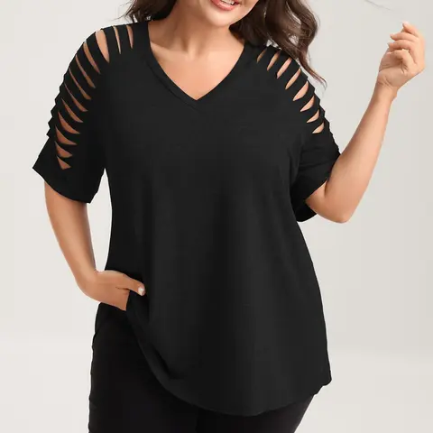 BLOOMCHIC Women's Plus Size Basic Simple Minimalist Comfy Everyday Fitted Spandex V-Neck Short-Sleeve Cut-Out Top - M-6X, Summer Finds, SohoChi
