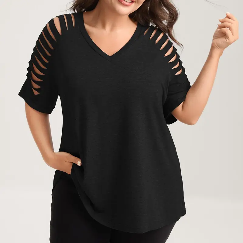 BLOOMCHIC Women's Plus Size Basic Simple Minimalist Comfy Everyday Fitted Spandex V-Neck Short-Sleeve Cut-Out Top - M-6X, Summer Finds, SohoChi