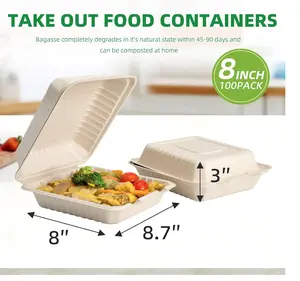 Gogreen 100% Compostable Brown NATURAL Clamshell Take Out Food Containers 50-Pack 8X8" Disposable Box Made from Sugarcane Fiber Eco-Friendly