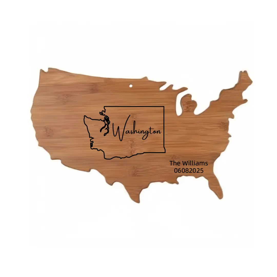 American-style bamboo cutting boards and serving plates for cooking are personalized with the shape of your state using laser engraving technology. They are suitable for weddings, housewarming parties, anniversary celebrations,  Mother's Day Gift