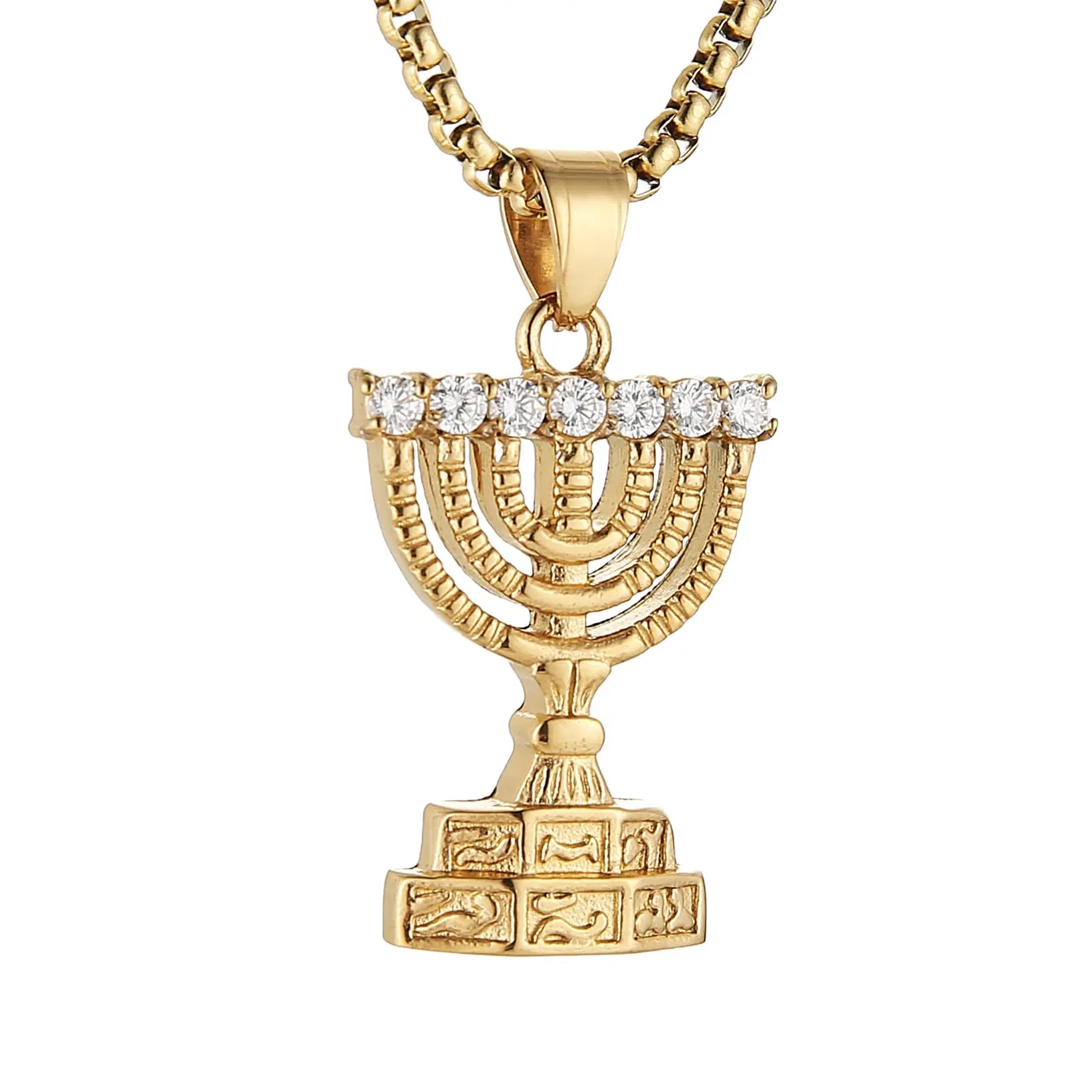 14K Gold Menorah 7 Branch Necklace Stainless Steel Gold Israel Menorah Pendant Jerusalem Temple Menorah Israel Hanukkah Jewelry Gift Bat Mitzvah Gift for Her Religious Jewelry for Men Women
