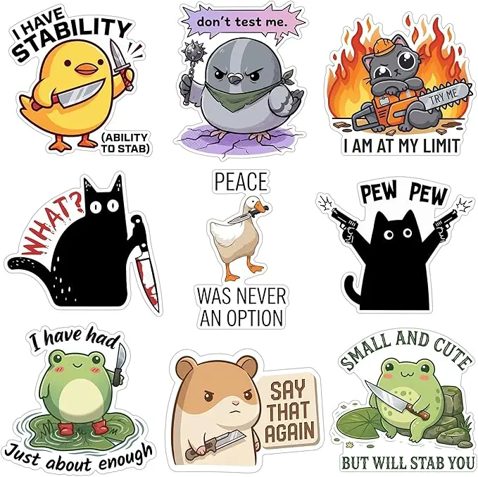 9Pcs Funny Chaotic Animal Stickers, Cute Unhinged Frog Duck Cat Hamster Vinyl Stickers Waterproof Meme Animal Decals for Laptop Water Bottle Kindle Phone Car Notebook