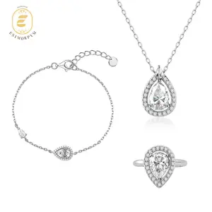 Moissanite Luminous Drop Halo Jewelry Set Elegant Pear Cut Ring Necklace Bracelet Trio Set for Birthday Wedding Engagement Anniversary Gift Daily Wear mothersdaygift