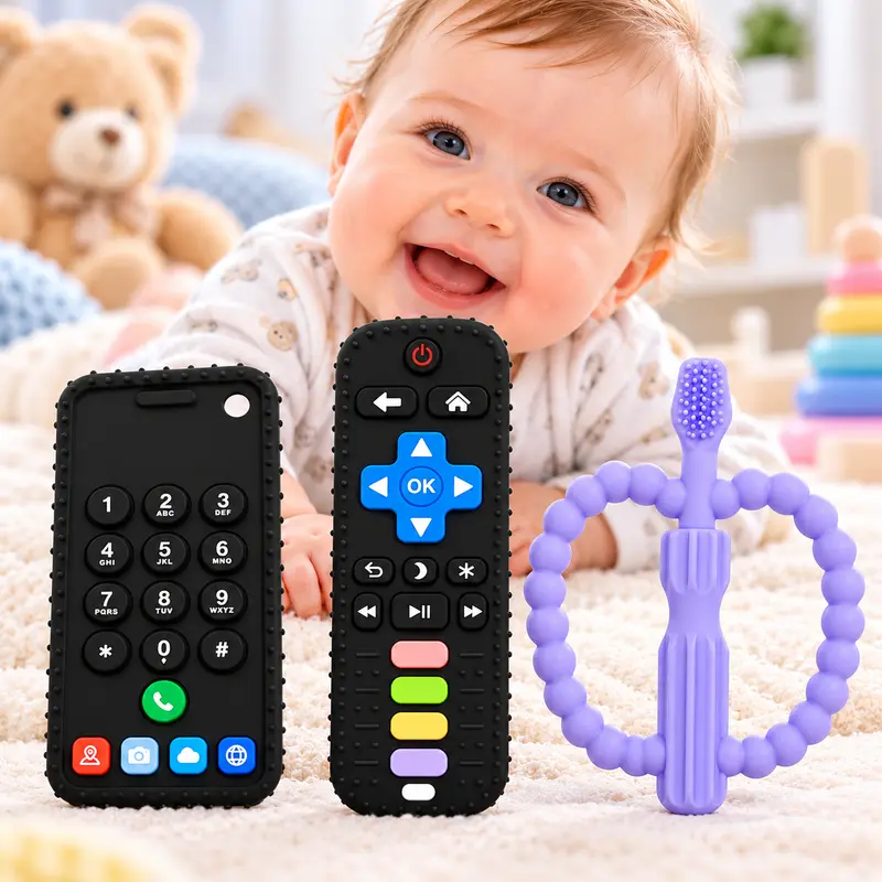 Silicone Baby Teethers Teething Relief Set BPA-Free - Remote Control Sensory Chew Toys for 6-12 Months Babies