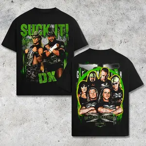 [WWE] D-Generation X DX Wrestling Graphic T-Shirt Vintage Style Streetwear Tee WWE Inspired Suck It Green Neon Design Retro Attitude Era Shirt Shawn Michaels Triple H Fan Apparel Oversized Cotton Unisex Casual Outfit Gift for Wrestling Fans