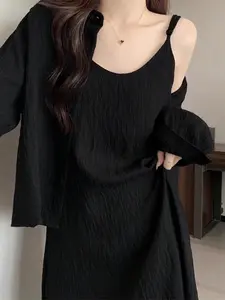 Summer Lightweight Solid Color Simple Straight Dress, Short Sleeve Round Neck Elegant Women's Midi Dress for Casual Wear