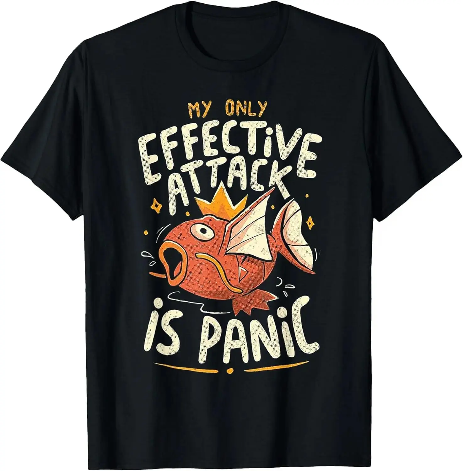 Unisex "My Only Effective Attack Is Panic" T-Shirt Vintage Magikarp Design Pokemon Meme Graphic Tee Casual Crew Neck Top Retro Gamer Streetwear For Pokemon Fans, Nerds & Self Deprecating Humor Lovers