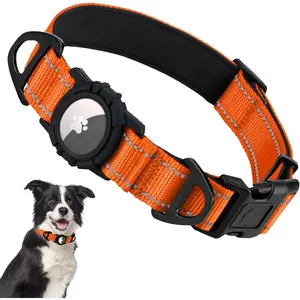 AirTag Dog Collar with Airtag Holder Dual D-Rings Safety Locking Soft Padded for Medium Dogs Orange M Real-Time Tracking Waterproof Dustproof Reflective