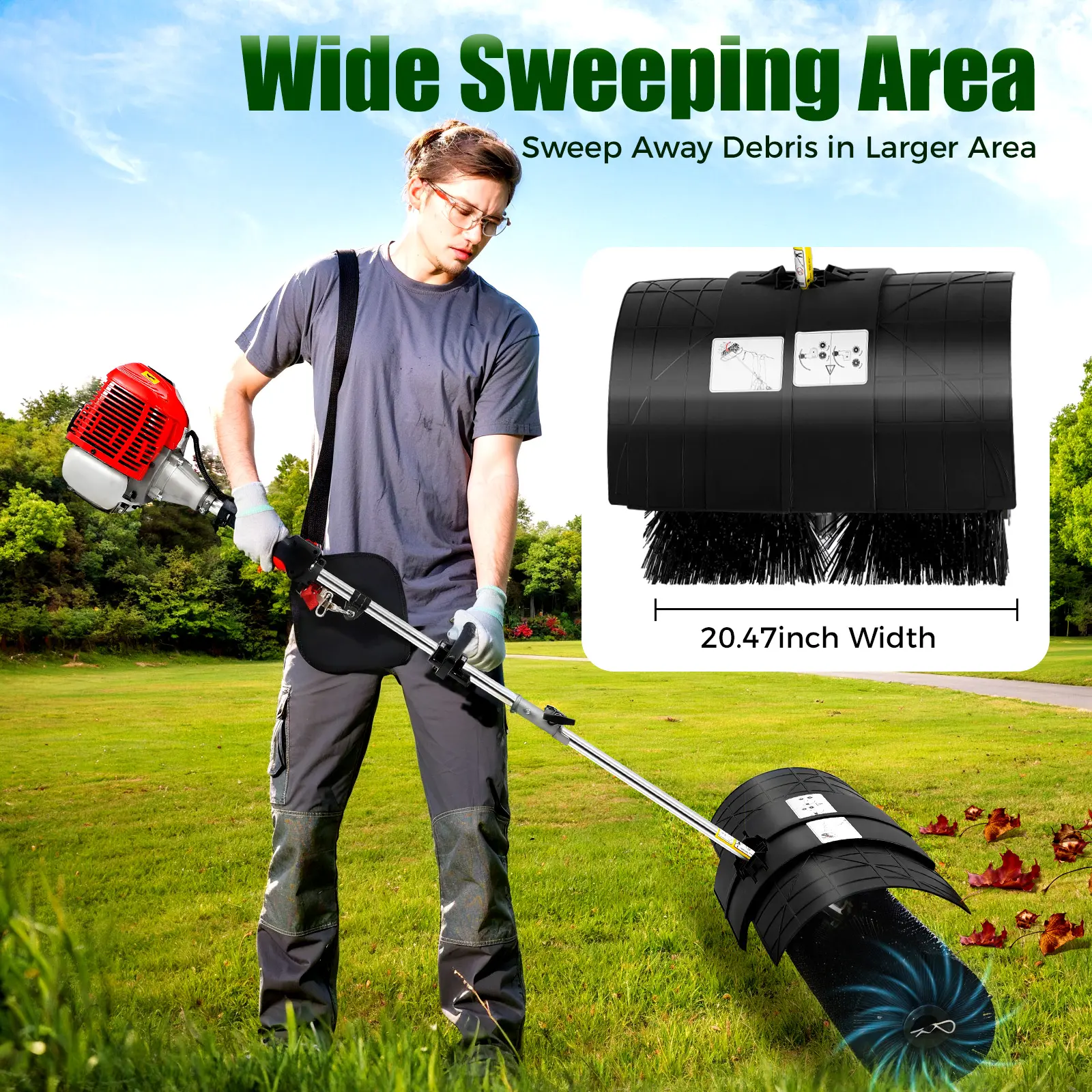 2.3HP 2-Stroke Gasoline Lawn Sweeper with 23x52cm Brush and 35x60cm Protective Cover for Boulevards Driveways and Lawns