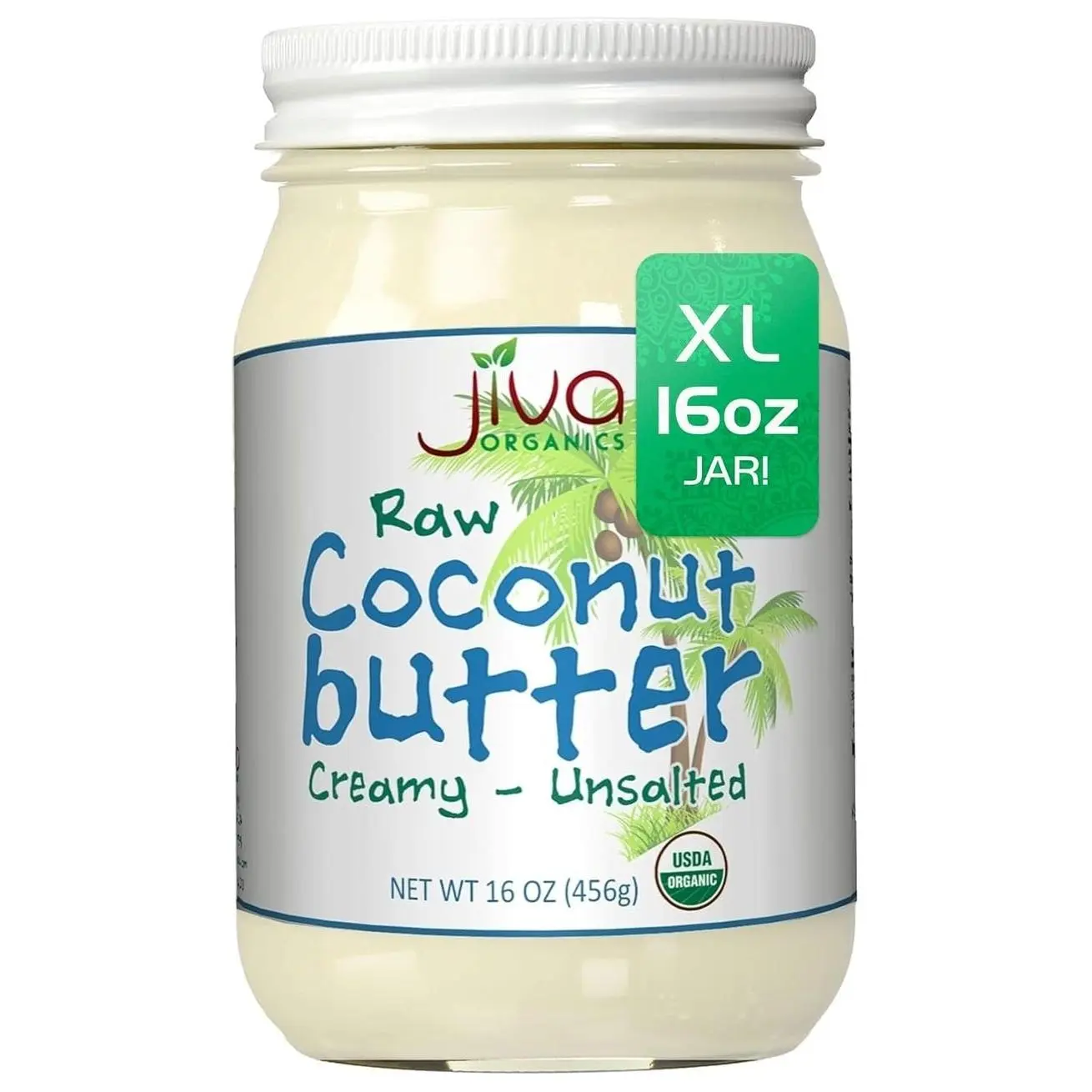 Jiva Organics RAW Organic Coconut Butter 16 Ounce Jar - Creamy, Unsalted