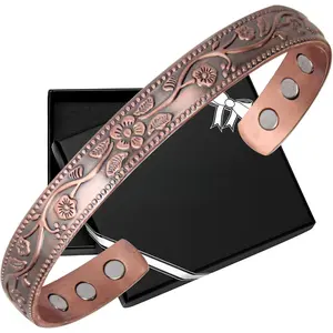 Copper Bracelets for Women, 99.9% Pure Copper Vintage Flower Magnetic Bangle with 3500 Gauss Magnets,6.8" Adjustable Cuff Jewelry Box