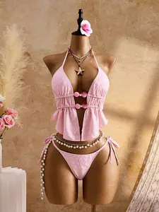 Bellisia Women's Halter Tie Backless Beaded Connection Ruffle Hem Design Vacation Beach Tankini Swimsuit Set,Women's Summer Solid Jacquard PinkFabric Strappy Backless Triangle Drawstring Halter Sexy Cute Girl Beach Bikini Set, Ladies Separate Swimsuit,Wo