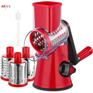 Rotary Cheese Grater with Handle - 3 in 1 Cheese Shredder Stainless Steel Handheld, Vegetable Slicer for Fruit, Cheese, Nuts, Multi-function with 3 Interchangeable Blades, Barrel, Thanksgiving tableware Valentine's Day gift Set Stock Up