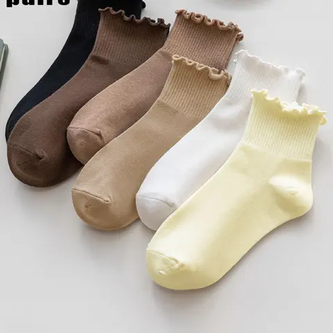 Random Women's Solid Lettuce Trim Crew Socks, Fashion Casual Comfy Socks for Daily Wear, Womens Socks for All Seasons, Casual Soft Socks