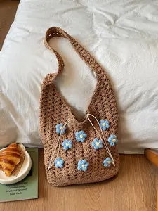 1pc Ladies' hollow crochet drawstring tote bag, three-dimensional blue daisy decoration casual shoulder bag, wide woven shoulder strap summer storage bag, large capacity vacation style suitable for beach vacations and daily travel