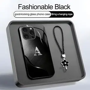 Black Wave Art 26 letter Phone Case, Suitable for [iPhone 16 Pro] high-end women's, Lanyard a beautiful four-leaf clover lanyard is included🍀 952