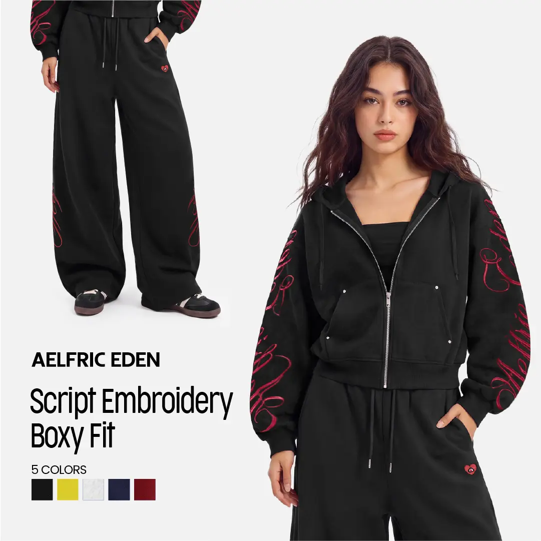 Aelfric Eden Men's 2-Piece Matching Sets - Boxy Graphic Zip-Up Hoodie & Drawstring Waist Baggy Sweatpants, Streetwear Embroidered Outfit