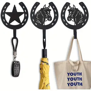 3pcs Horse Head Star Iron Hooks, Rustic Style Coat Key Bag Hangers, Durable Home Kitchen Entry Bedroom Office Decor & Storage