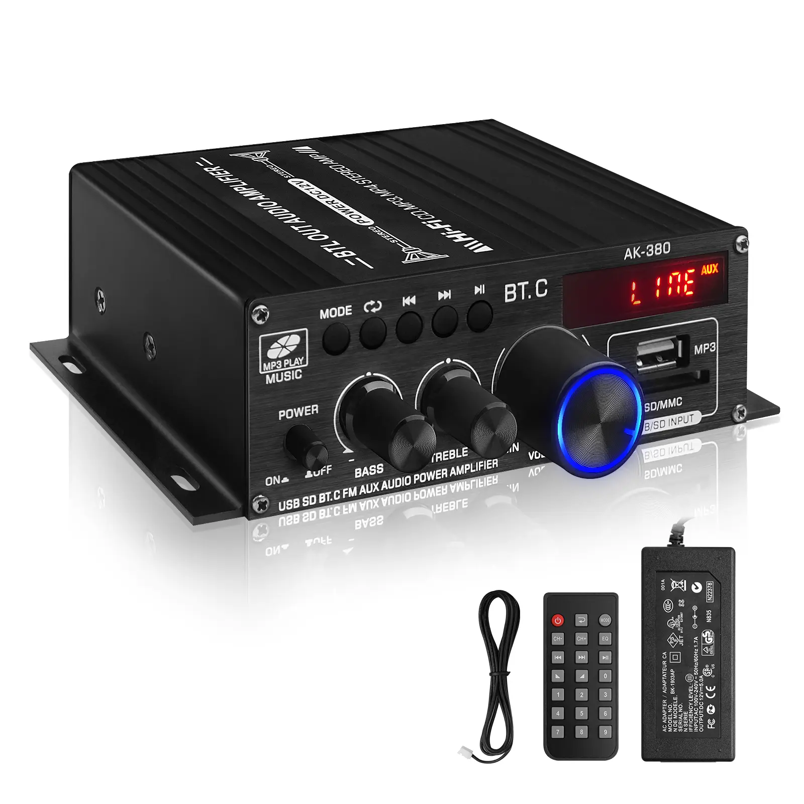 Home Amplifier AK-380 2.0 CH 400W+400W HiFi Stereo Audio Power Amplifier with Bluetooth 5.0, USB, SD, FM, AUX, FM Antenna, LCD Card Plug - Mobile/Smartphone Connectivity - Home Use - Fathersdaygift for Projectors, Tablets, Notebooks