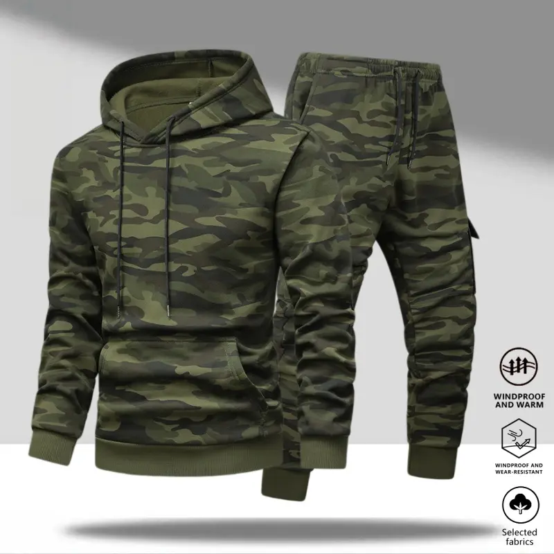 Men’s 2-Piece Camouflage Hoodie & Jogger Set – Fleece-lined, wind-resistant, durable, kangaroo pocket, American street workwear