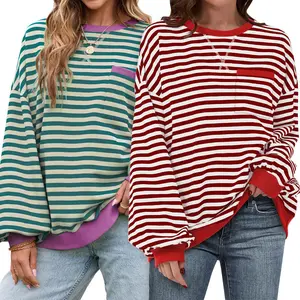 UEU Womens Oversized Crewneck Longsleeve Sweatshirt Festive Dropped Shoulders Striped Shirt Cozy Plain Pullover Casual Christmas jumper Womenswear
