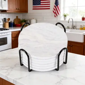 Set Of 6 Beverage Coasters With Stand Round 4in Ceramic Coaster With Metal Stand Absorbent Marble Stone Coaster With Cork Base