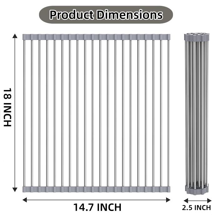 Space Saving Foldable Kitchen Drying Rack Roll-Up Dish Rack for Sink Heat Resistant Stainless Steel & Silicone Multi-Functional Over Sink Dish Mat for Home Travel Apartment Use