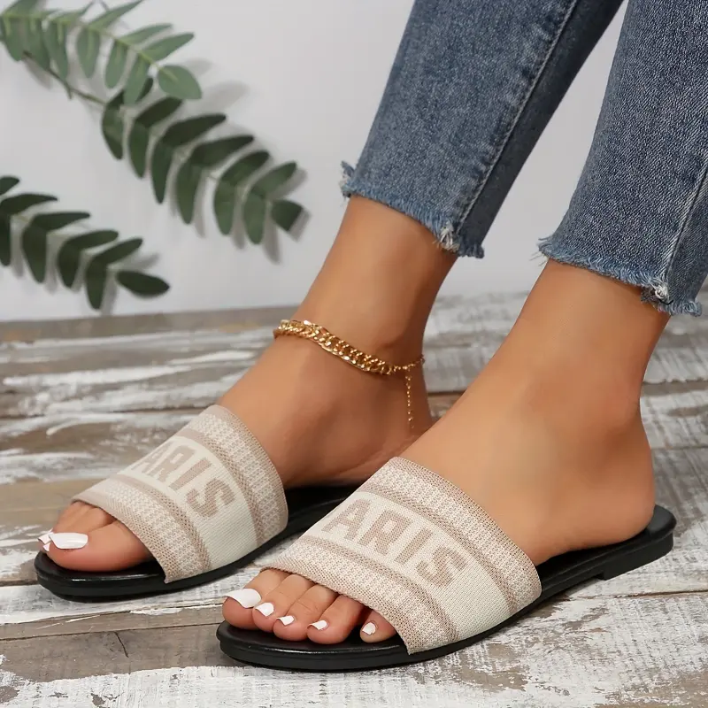 Women's Slide Sandals, Casual Paris Graphic Print Flat Cloth Shoe with a Knitted Fabric Strap, Strappy Back, and Man-Made Insole for Summer, Slip On