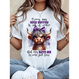 Humorous Scottish Highland Cow Graphic T-Shirt for Women Featuring Sorry My Nice Button Is Out of Order Slogan Ideal for Casual and Party Wear