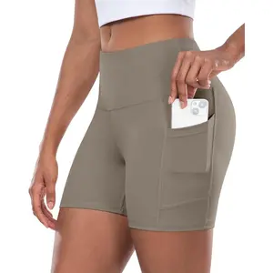 Womens Biker Yoga Shorts with Pocket, High Waisted Tummy Control 5 Inch Workout Spandex Athletic Gym Shorts