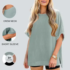 Imily Bela Womens Oversized T Shirts Summer Casual Loose Fit Striped Knit Batwing Sleeves Tunic Tops