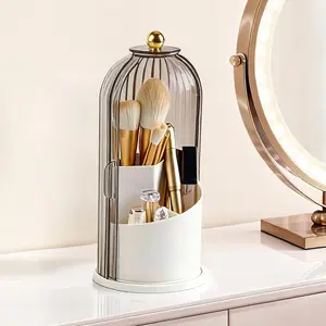 360? Rotating Makeup Brush Holder with Lid,  Three-Compartment Makeup Organizer, 180? Side-Pull Door Desk Organizer,  Brush Holder for  and Bathroom (Grey)