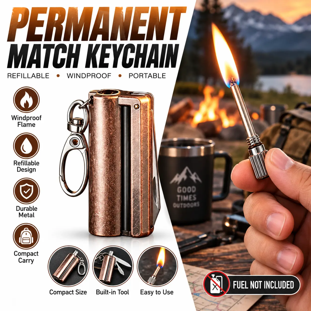 Permanent Match Fire Starter, Refillable Flint Ignition Tool with Keychain & Bottle Opener, Portable Metal Outdoor Accessory for Camping, Hiking & Emergency Use, Fuel Not Included