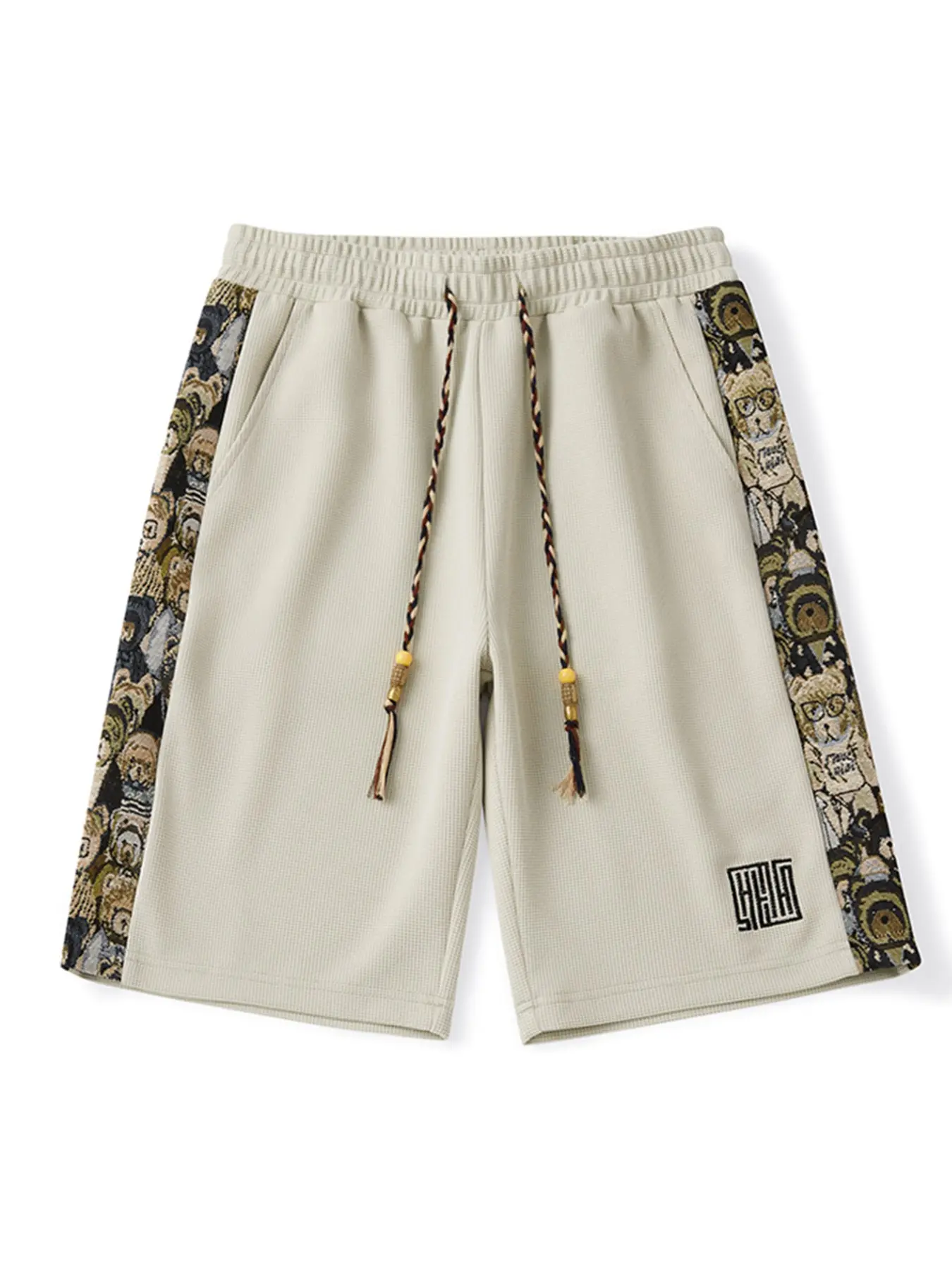 Men's Casual Aesthetic Colorblock Cartoon Print Patchwork Shorts, Fitted Drawstring Design, Side Patterned Pants, Stylish Fashionable Summer Wear