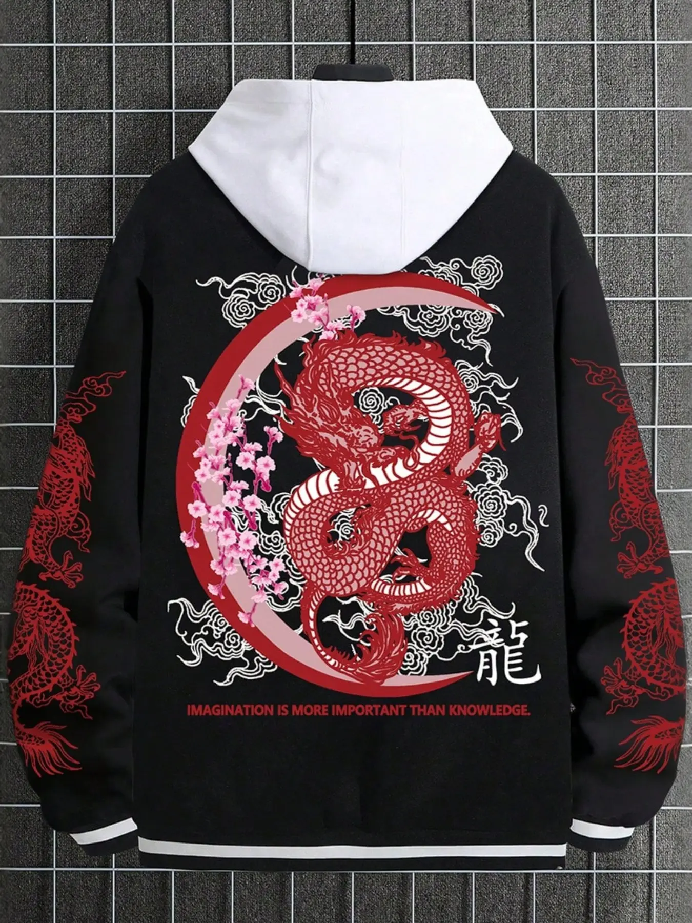 Unisex Y2K Style Dragon Sakura Print Fitted Baseball Jacket, Patchwork, Streetwear, Casual Fall & Winter, Trendy Men's Gift
