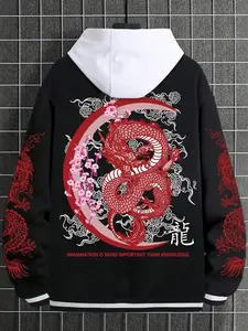 Unisex Y2K Style Dragon Sakura Print Baseball Jacket, Patchwork, Streetwear, Casual Fall & Winter, Trendy Men's Gift