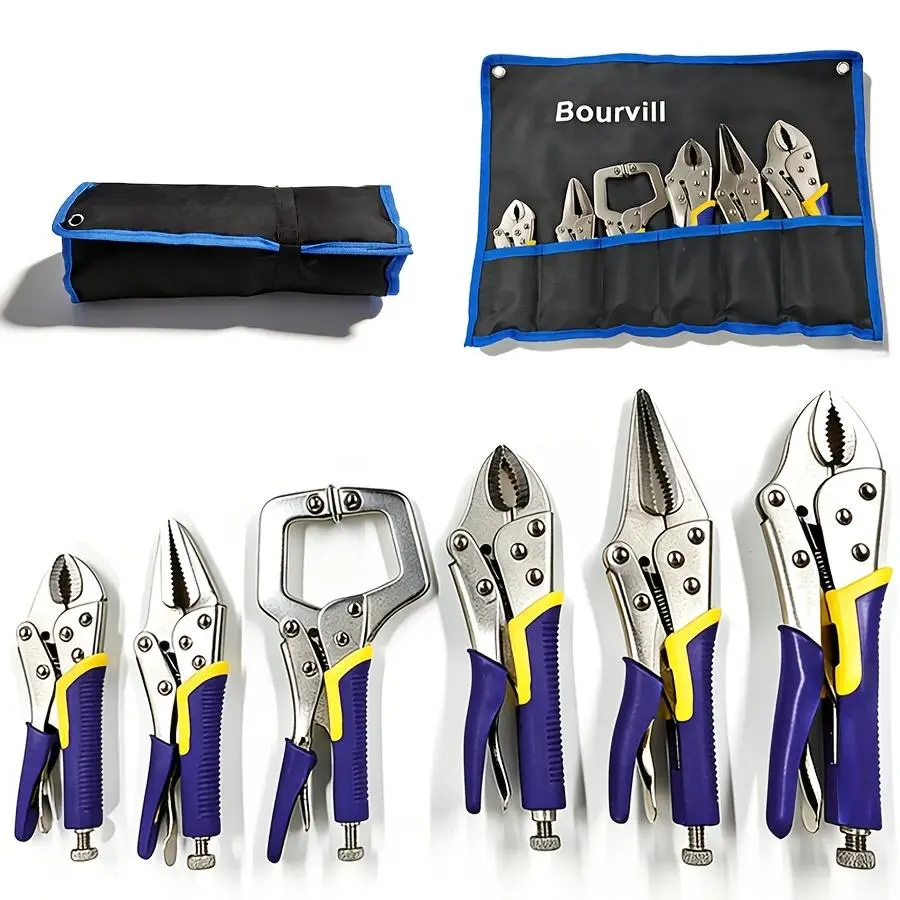 BOURVILL Pliers Set, 6-Piece Locking Pliers Set, 6-1/2 inch and 9-1/2 inch Pinnose Pliers Handles, 5-inch, 7-inch and 10-inch Curved Jaw Pliers Handles, 6-inch C-Clamp L-Type Locking Pliers with Roll Bag, Ergonomic Handles