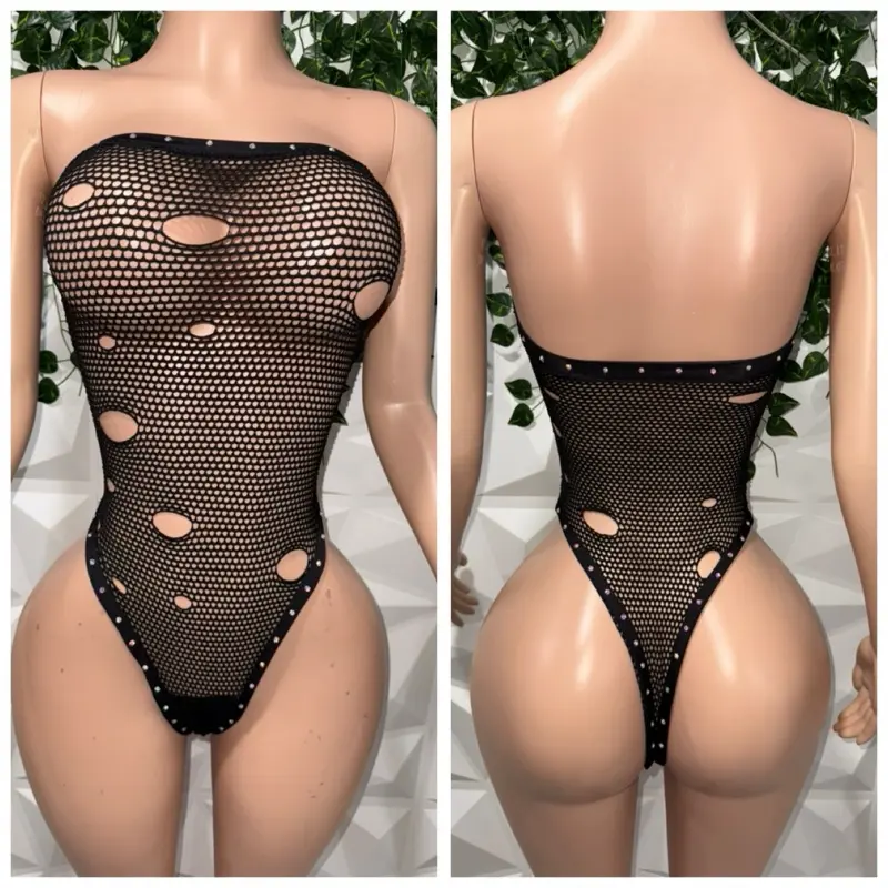 Exotic Dancewear - Black Fishnet Bodysuit with Cutout Design for Performance Wear