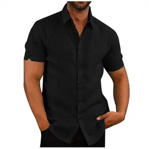 Men's Linen Blend Short Sleeve Button Down Shirt, Casual Loose Fit Summer Tops, Breathable Lightweight Shirt for Daily Office Vacation Beach