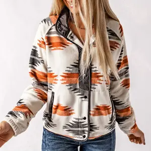 Gray Western Aztec Snap Buttoned Fleece Jacket
