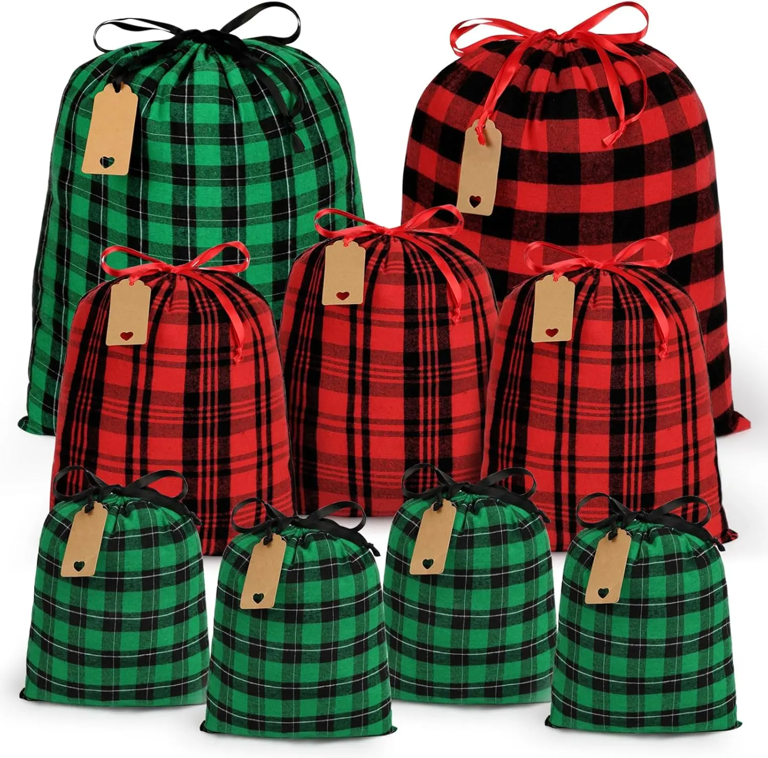 Fabric Christmas Gift Bags Drawstring, 9pcs Reusable Xmas Sacks Assorted Sized Buffalo Plaid Cloth pouches with Gift Tags Holiday Wrapping for Xmas Party Presents(Red, Green)