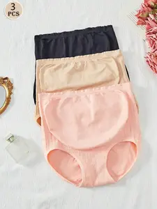 3pcs/Pack Seamless Maternity High Waist Belly Support Pants Multicolor Casual Comfy Briefs for Maternity Sleepwear Plain Pattern High Rise Knitted Fabric